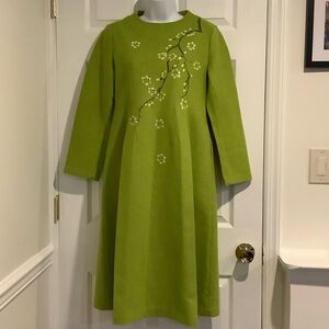 Spring Green Hand Painted Wool Retro Hipster Eclectic Funky Wearable Art Dress M